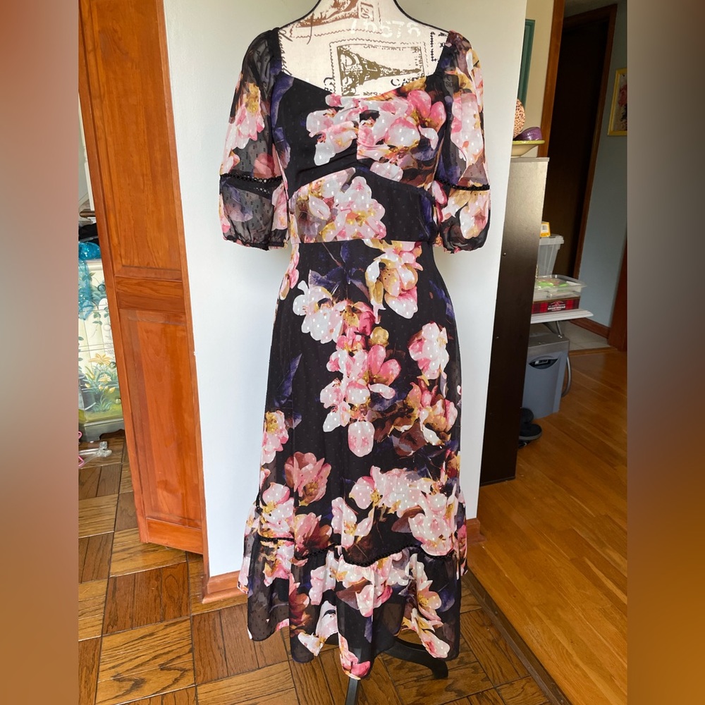 Melonie T Black Floral Midi Dress, Size 6